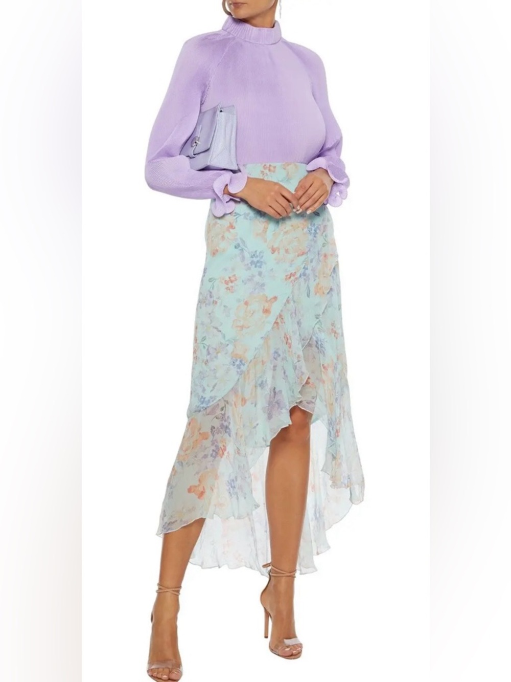 Alice + Olivia Caily Wrap-Effect Floral High-Low Ruffle Georgette Skirt Size:2